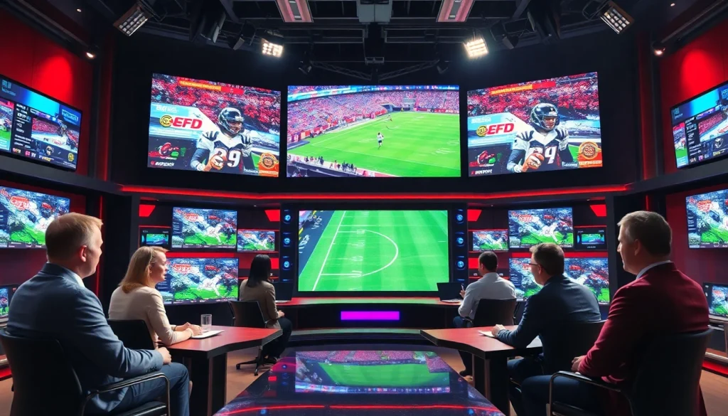 Engaging action in sports broadcasting featuring hosts and dynamic graphics for audience connection.