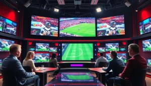 Engaging action in sports broadcasting featuring hosts and dynamic graphics for audience connection.