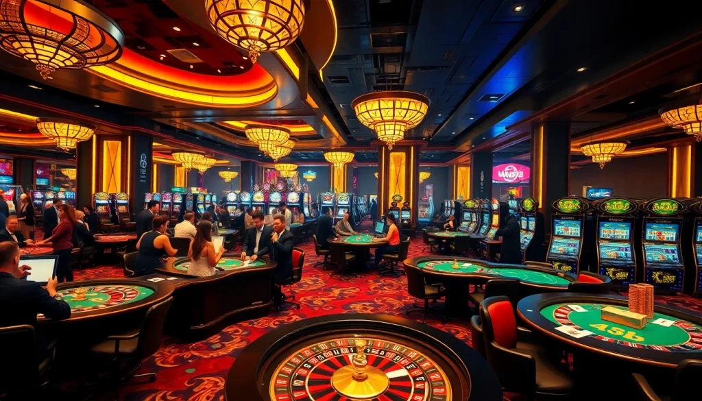 Man88 casino scene featuring players engaged at poker tables and roulette wheels, showcasing an exciting atmosphere.