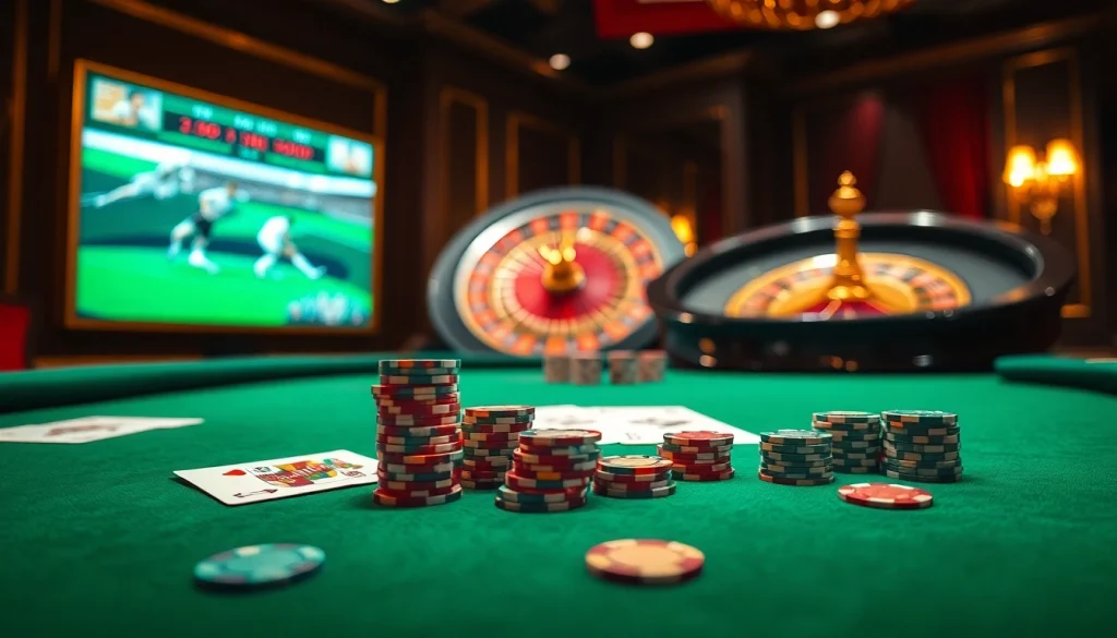 Experience the thrill of live betting on vaoluoitv with a dynamic casino scene featuring poker chips and a roulette wheel.