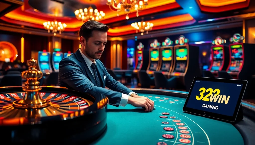 Experience the thrill of betting with 32win11.net's top casino games, poker chips, and roulette table.