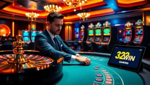 Experience the thrill of betting with 32win11.net's top casino games, poker chips, and roulette table.