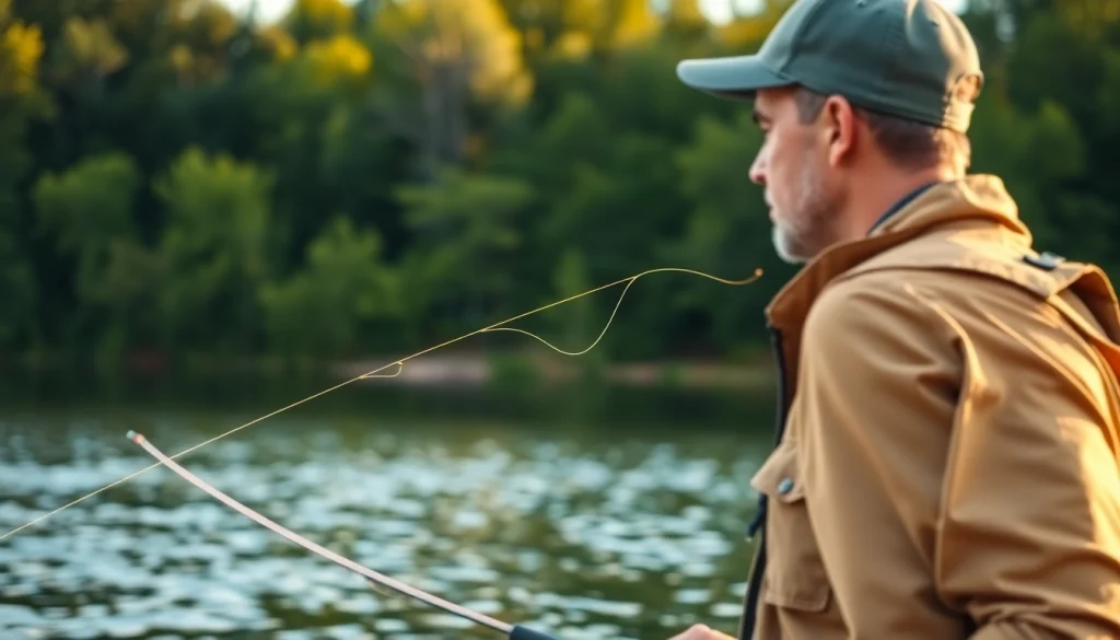 Angler casting a fly fishing line across a serene lake, surrounded by lush trees.