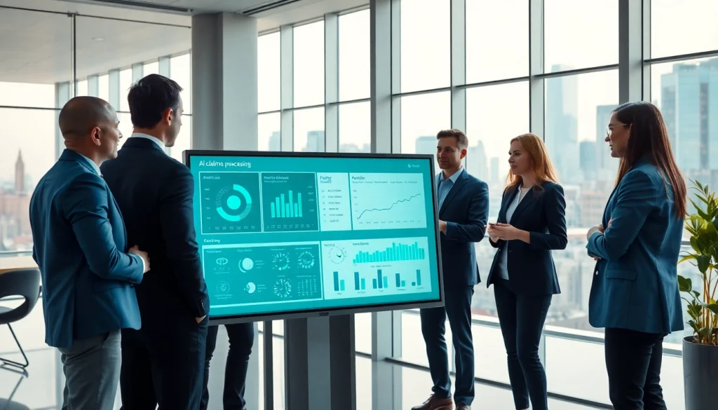 Engaging team working on AI claims processing in a modern office environment.