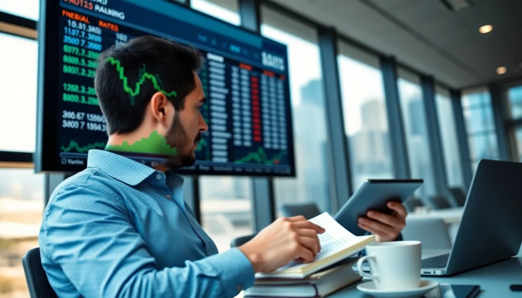 Engaged professional analyzing rates at https://m.check-rates.com in a modern office.