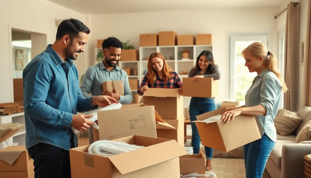 Movers and Packers team efficiently packing items in a well-lit living room.