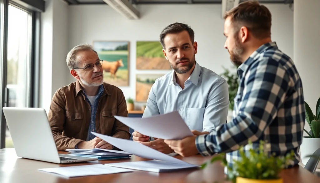 Lawyer explaining agricultural law principles to a farmer in a bright, professional office.