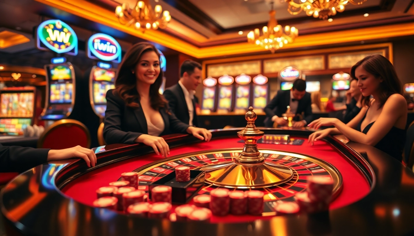 Experience the thrill of IWIN with a luxurious casino scene featuring roulette and poker.