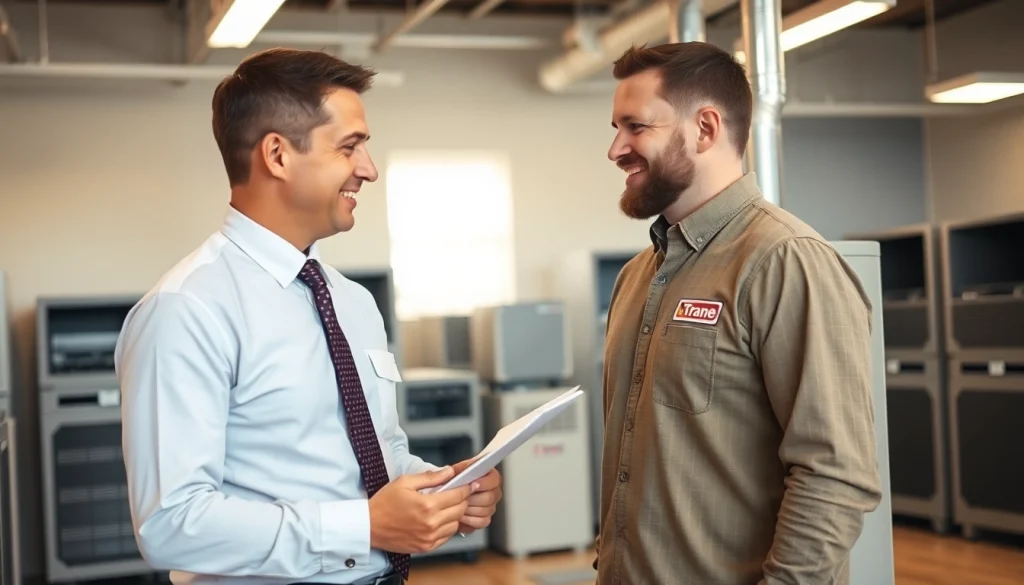 Trane furnace dealer assisting a customer in a professional showroom setting.