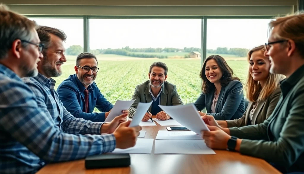 A team discussing agriculture law in a bright meeting room with lush fields in view.