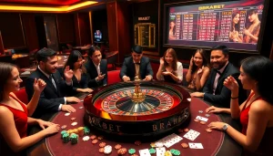 BRABET casino players enjoying a roulette game with vibrant chips and cards.