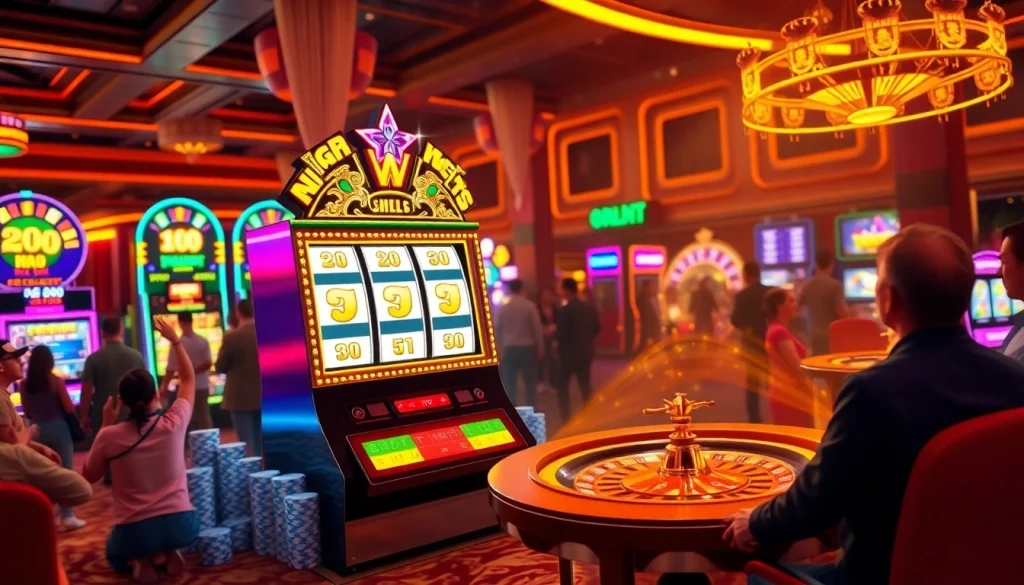 Celebrate the thrill of nổ hũ on a luxury slot machine surrounded by an exciting casino atmosphere.