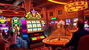 Celebrate the thrill of nổ hũ on a luxury slot machine surrounded by an exciting casino atmosphere.