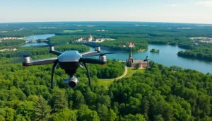 Drohnenaufnahmen Brandenburg zeigen atemberaubende Landschaften mit historischen Gebäuden und grünen Wäldern.