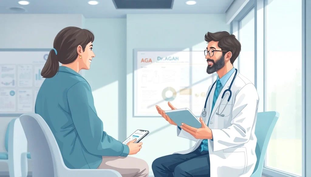 Dr.AGAクリニック 口コミ scene depicting a friendly doctor consulting with a patient about hair treatment options in a modern clinic.