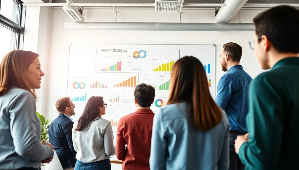 Engaging team collaboration session showcasing business growth insights through vibrant charts and strategies.