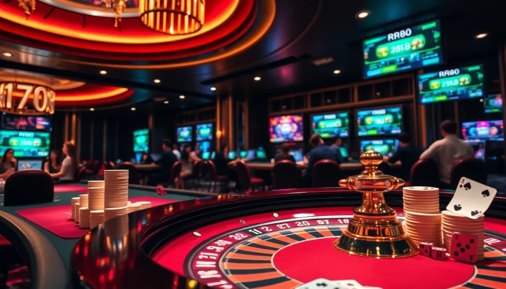 RR88 casino scene featuring poker players and roulette excitement with luxury vibes.