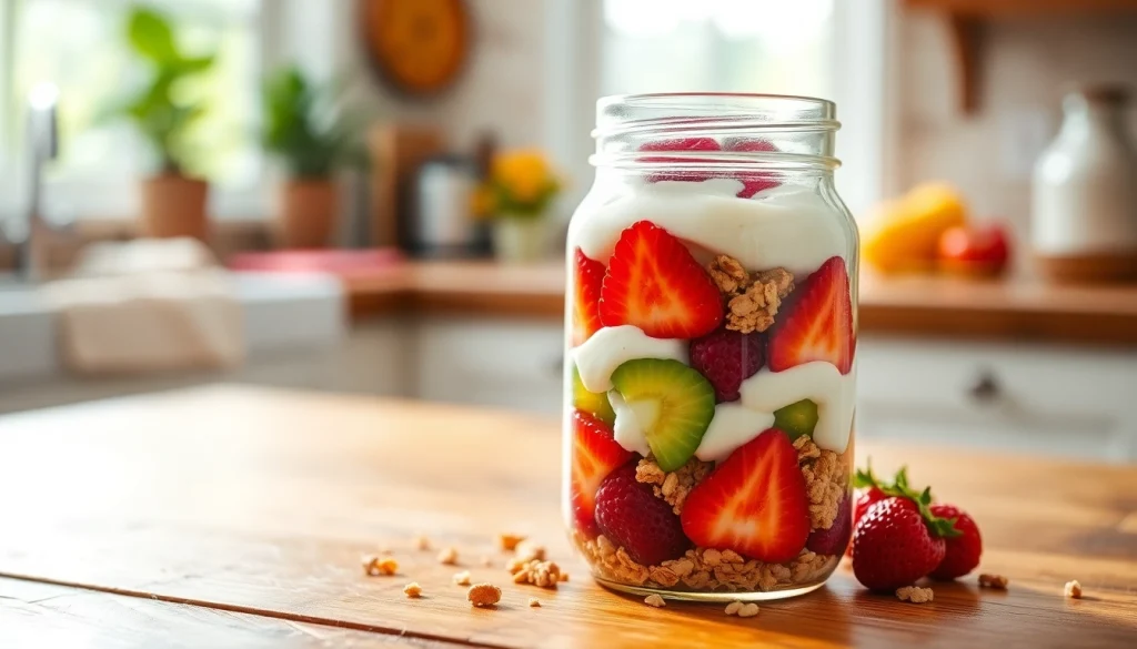 Enjoy a colorful layered mason jar breakfast from https://masonjarbreakfast.com, showcasing vibrant fruits and granola.