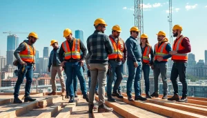 Careers in construction show diverse professionals collaborating on a vibrant building site.