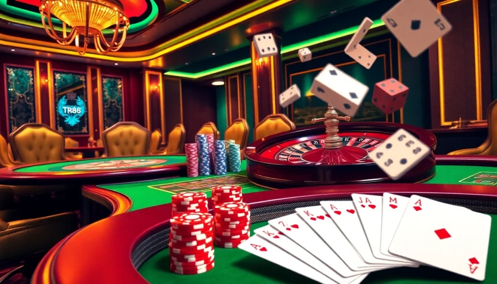 Experience thrilling TR88 gambling with vibrant casino tables and spinning roulette wheels.