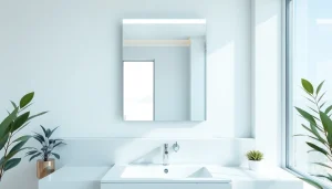 Illuminate your space with mirror and led lights featuring sleek design in a modern bathroom.
