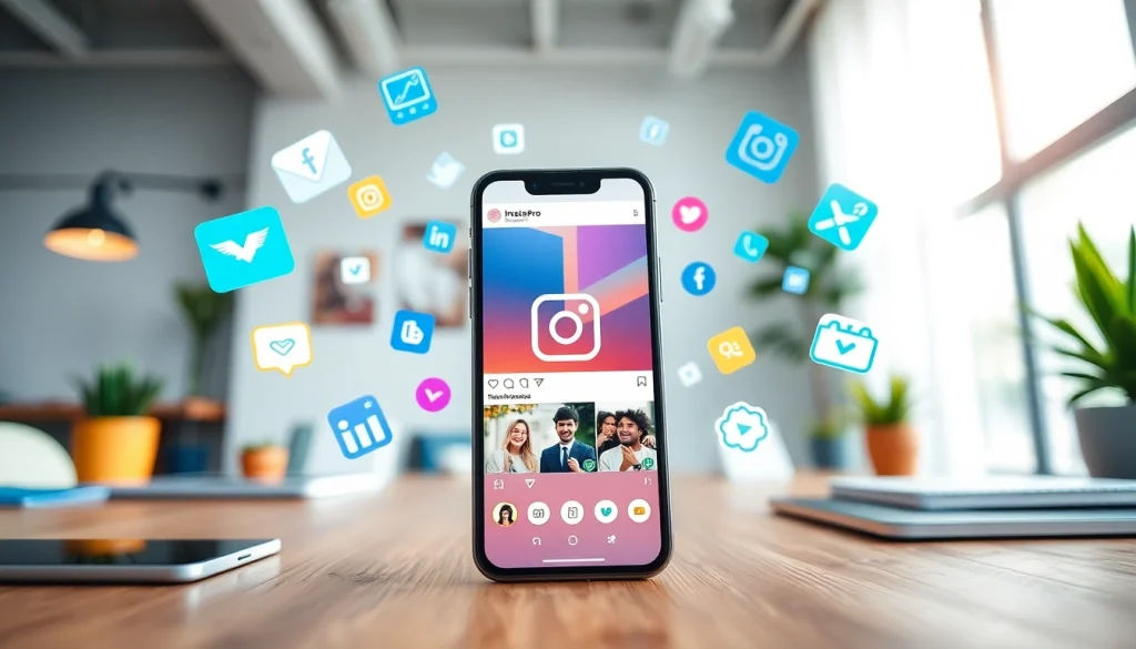 InstaPro APK interface displayed on a smartphone with vibrant social media icons in a modern workspace.