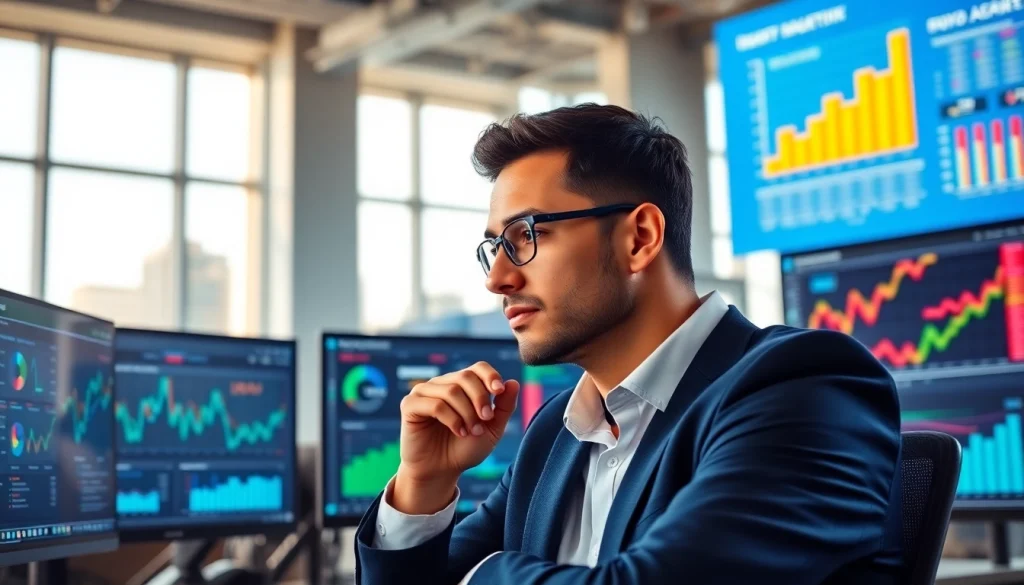 Engaging digital marketing professional analyzing data on multiple screens.