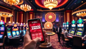 Experience thrilling gameplay with the 222bd app on a sleek smartphone amidst a luxurious casino.