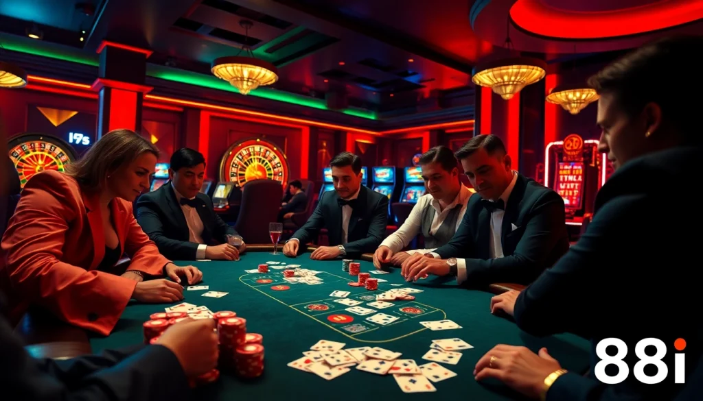 Excited players participating in a high-stakes poker game at 88i casino with luxurious ambiance.