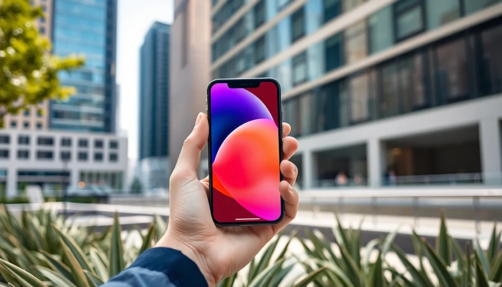 El iPhone 16 Plus en un entorno urbano moderno, resaltando su diseño elegante y pantalla vibrante.