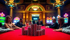 Exciting players engaging at TG777's high-stakes poker table in a luxurious casino scene.