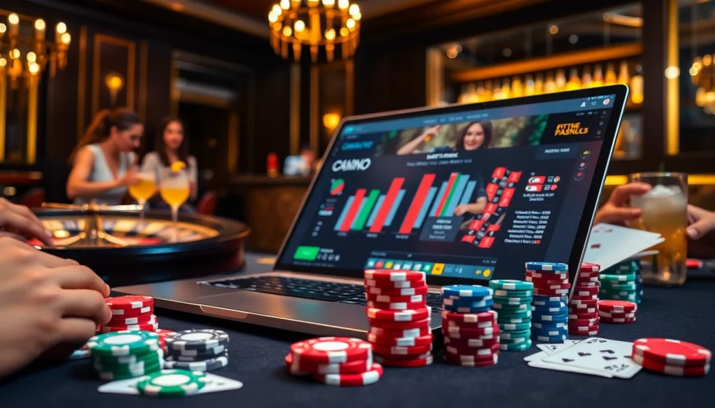 Engaging scene of players enjoying רמי אונליין at a luxurious casino with poker chips and roulette wheel.