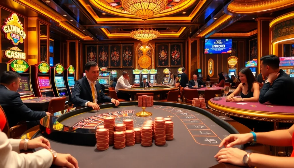 Engaged players at a luxurious casino featuring indoxxi-themed roulette and poker tables, high-stakes excitement.