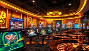 A dynamic bitcoin casino gaming scene showcasing digital games and cryptocurrency elements.