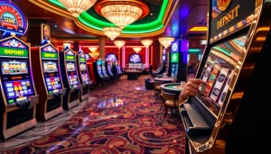 Adegan seru para pemain Slot Deposit 1000 yang menang di mesin kasino berwarna-warni, menggambarkan sensasi perjudian.