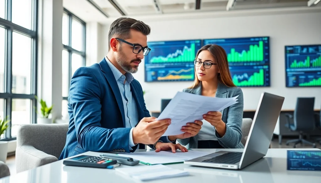 Tax consultant analyzing taxes in a professional office atmosphere with digital charts.