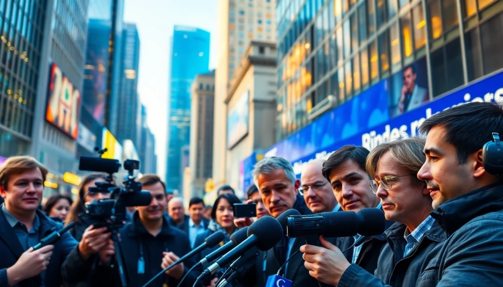 Journalists reporting live news for Usa Today in a bustling urban environment.