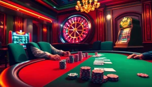 Engaging casino scene with poker players, highlighting the question is hidden wiki illegal amidst thrilling gambling elements.
