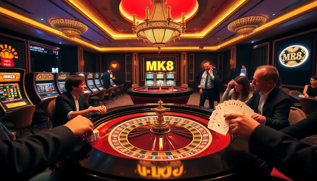 Exciting casino scene depicting MK8 gaming elements with roulette, poker chips, and engaged players.