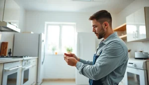 Technician performing appliance repair ottawa in a modern kitchen with appliances.