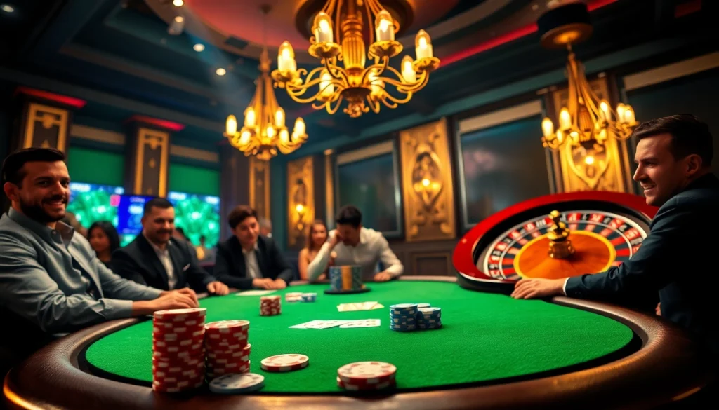 Engaged players at an onicplay poker table surrounded by vibrant casino elements.
