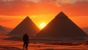 Explore the ancient piraminds with intricate textures against a breathtaking sunset.