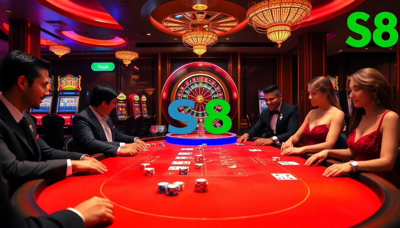 Experience the excitement of Nhà Cái S8 with players enjoying poker and roulette in a luxurious casino setting.