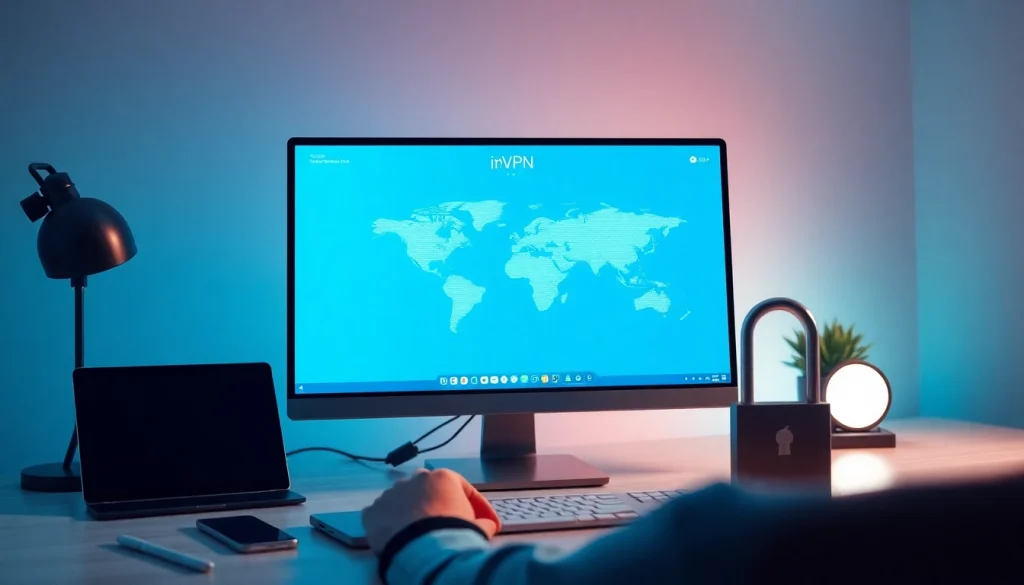 现代工作区电脑屏幕上的快连VPN界面，展示全球互联与用户互动。