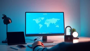 现代工作区电脑屏幕上的快连VPN界面，展示全球互联与用户互动。