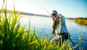 A fisherman fly fishing for bass in a tranquil lake with vibrant nature surrounding.