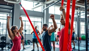 Pull-up assist band being used by a beginner athlete in a bright gym setting