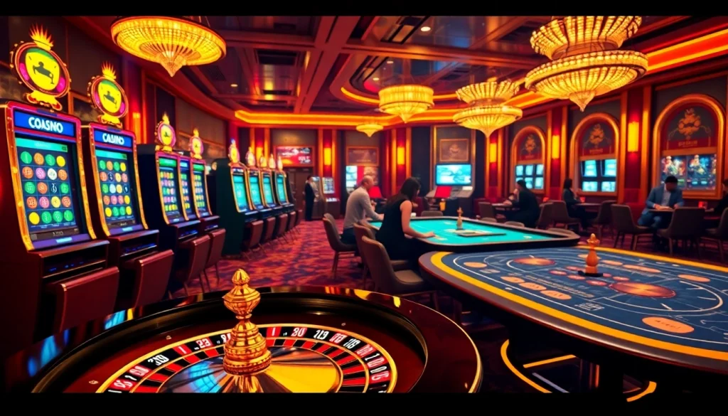 Gamble with Onicplay in a luxurious online casino setting featuring vibrant slot machines and roulette.