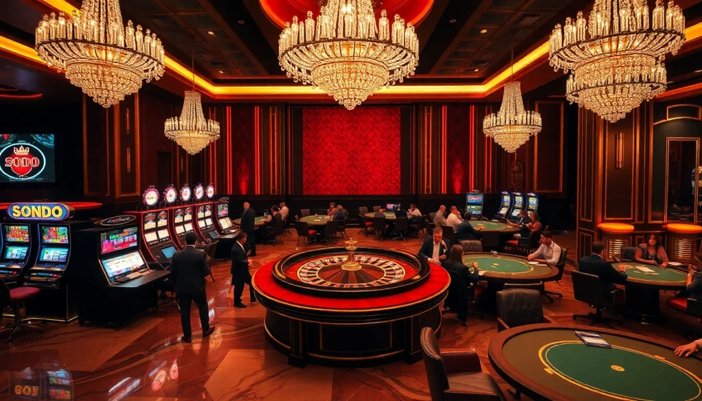 SODO casino scene featuring a roulette wheel, poker tables, and vibrant slot machines.