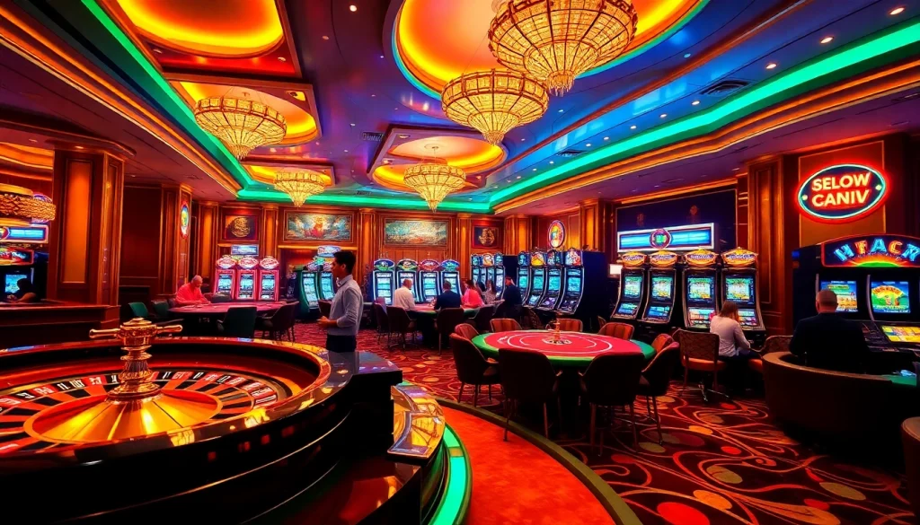 Kkwin casino scene featuring players at interactive poker tables and vibrant slot machines.
